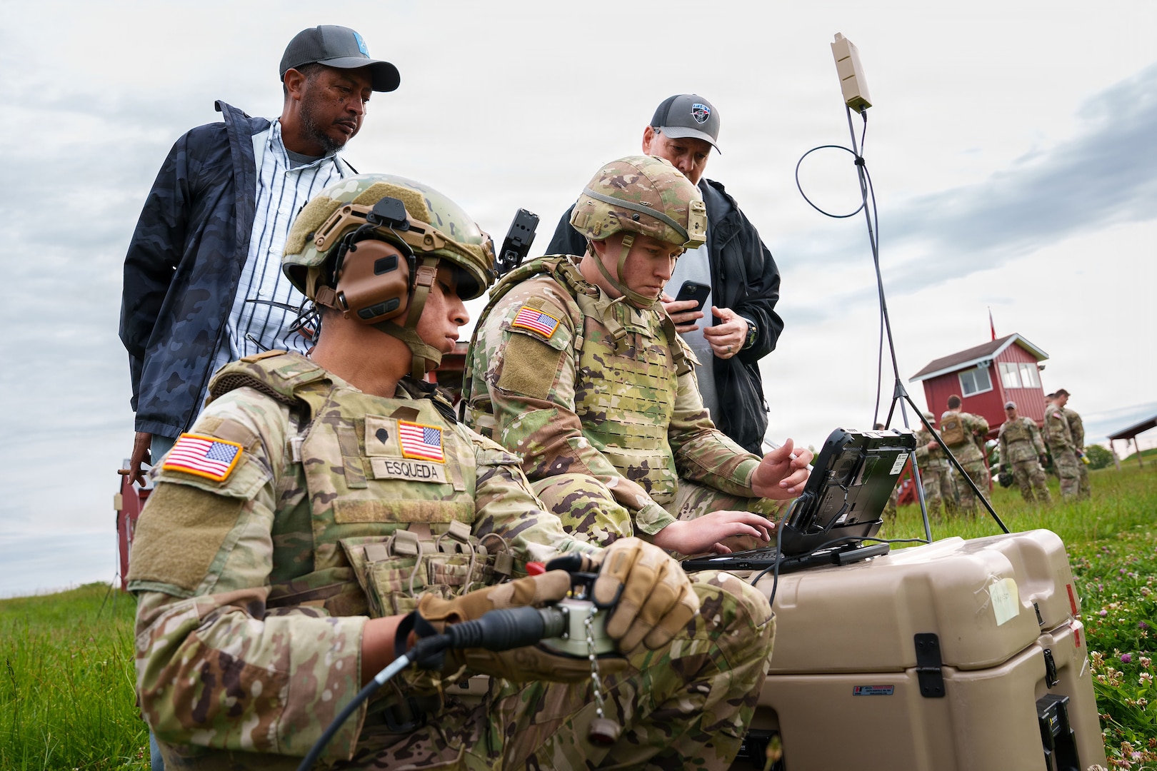 Indiana National Guard Soldiers with the 76th Mobile Brigade Combat Team and instructors operate a laptop connected to the Switchblade 600, a loitering munition system, during training at Camp Atterbury, near Edinburgh, Indiana, May 15, 2026.