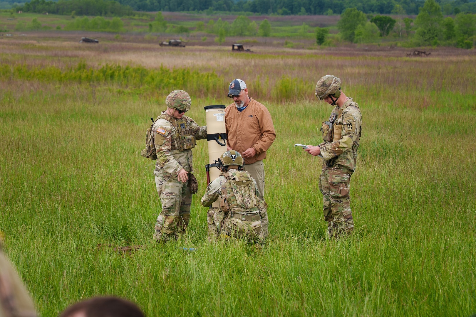 Indiana National Guard Soldiers with the 76th Mobile Brigade Combat Team and instructors set up a Switchblade 600, a loitering munition system, during training at Camp Atterbury, near Edinburgh, Indiana, May 15, 2026.