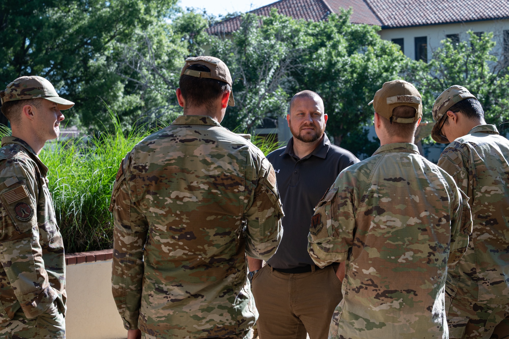 Montgomery Police Department Sgts. Adam Wright, speaks with Airmen during an Air Force Leadership School retreat practice at Maxwell Air Force Base, Alabama, May 14, 2026.