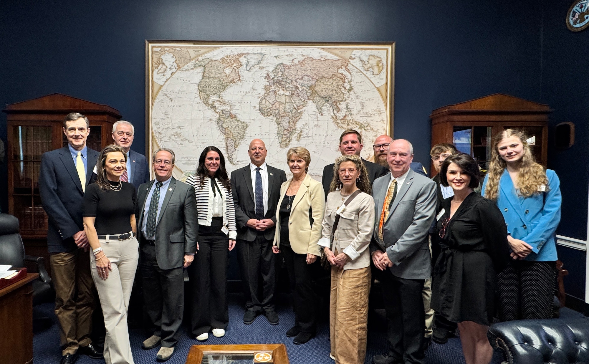 Members of the Arnold Community Council pose for a photo in the office of U.S. Rep. Scott DesJarlais in Washington, D.C., during the annual ACC “DC Fly-In,” held this year from April 20-April 23. The ACC delegation and several Tennessee Congressional staffers met with U.S. Air Force leaders and Congressional leaders and their staff members to discuss issues that are important to the 13-county Arnold Air Force Base community that supports the Arnold Engineering Development Complex, headquartered at Arnold AFB, and its eight geographically separated units, as well as other topics. Pictured from left are Rob McAmis, Annie Hosea-Majors, Tullahoma Mayor Lynn Sebourn, Jim Jolliffe, Hope Nunley, U.S. Rep. Scott DesJarlais, Beverly Lee, Tiffany Sebourn, Michael Lynch, Billy Levengood, Don Wheeler, Hudson Clutter, Kelly North and Ellie Levengood. (Courtesy photo)