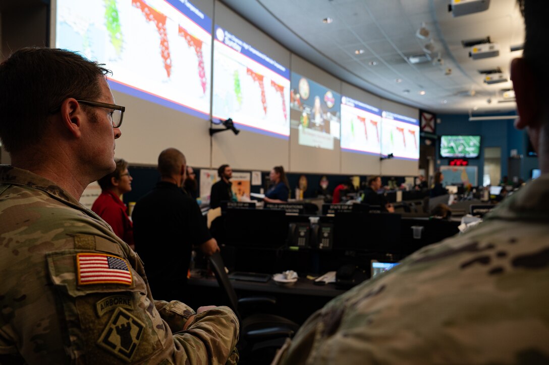 The U.S. Army Corps of Engineers, Jacksonville Districts, Commander, Col. Brandon Bowman, listens to the Florida Division of Emergency Management's briefing at the State Emergency Operations Center, Tallahassee, Fla. 

The U.S. Army Corps of Engineers (USACE) works in partnership with the local, state, and federal response to Hurricanes.