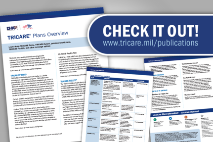 "CHECK IT OUT! www.tricare.mil/publications;" Screenshots of the TRICARE Plans Overview Fact Sheet