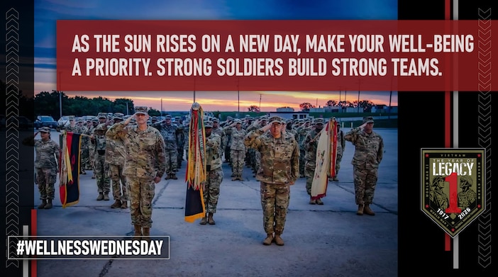 As the sun rises on a new day, make your well-being a priority. Strong soldiers build strong teams.

#WellnessWednesday

Victory Readiness is a comprehensive, enduring operation designed to make every Soldier, Civilian, and Family Member on Fort Riley resilient and stronger across the five dimensions of strength: physical, emotional, social, family, spiritual communicated through a health messaging effort.