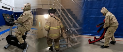 A sailor and firefighter perform free-standing and cycling kinetic trials wearing sensors under their individual protective equipment during an evaluation of human performance. The data collected will help better understand the effects of protective gear to improve efficiency and safety.