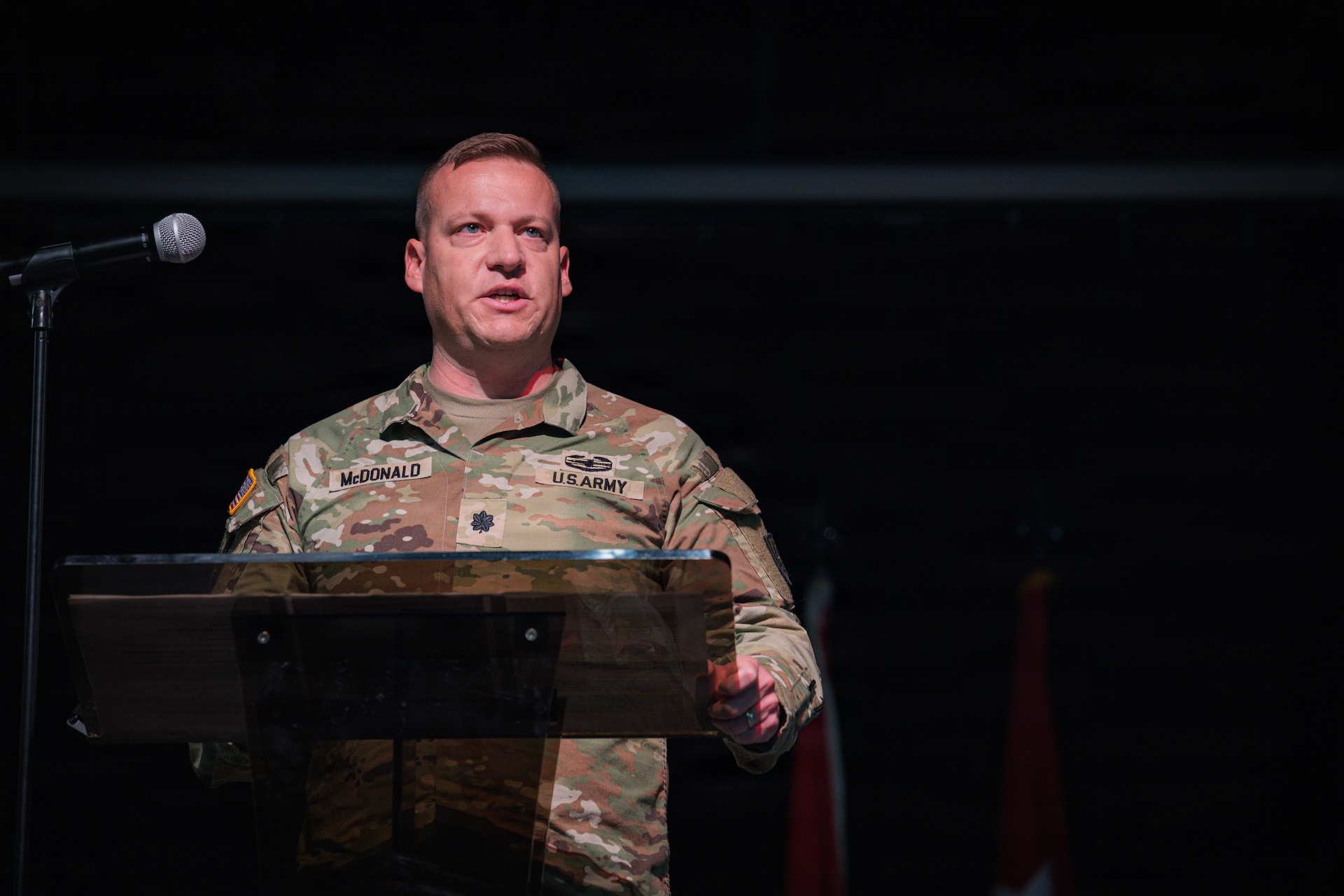 U.S. Army Lt. Col. Jayson McDonald, commander of Kentucky's 201st Engineer Battalion, addresses attendees during the unit’s departure ceremony at the Boyd County Community Center in Catlettsburg, Kentucky, May 30, 2026.
