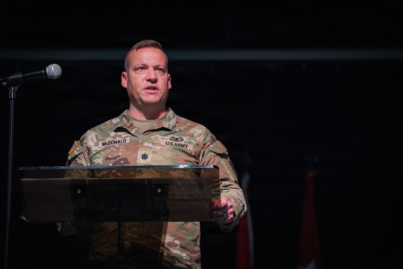 U.S. Army Lt. Col. Jayson McDonald, commander of Kentucky's 201st Engineer Battalion, addresses attendees during the unit’s departure ceremony at the Boyd County Community Center in Catlettsburg, Kentucky, May 30, 2026.