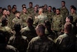 A senior noncommissioned officer speaks to Soldiers of Kentucky's 201st Engineer Battalion, 149th Maneuver Enhancement Brigade, following their departure ceremony at the Boyd County Community Center in Catlettsburg, Kentucky, May 30, 2026. The engineers will be deployed to Southwest Asia in support of Operation Spartan Shield. (U.S. Army National Guard photo by Staff Sgt. Jesse Traylor)
