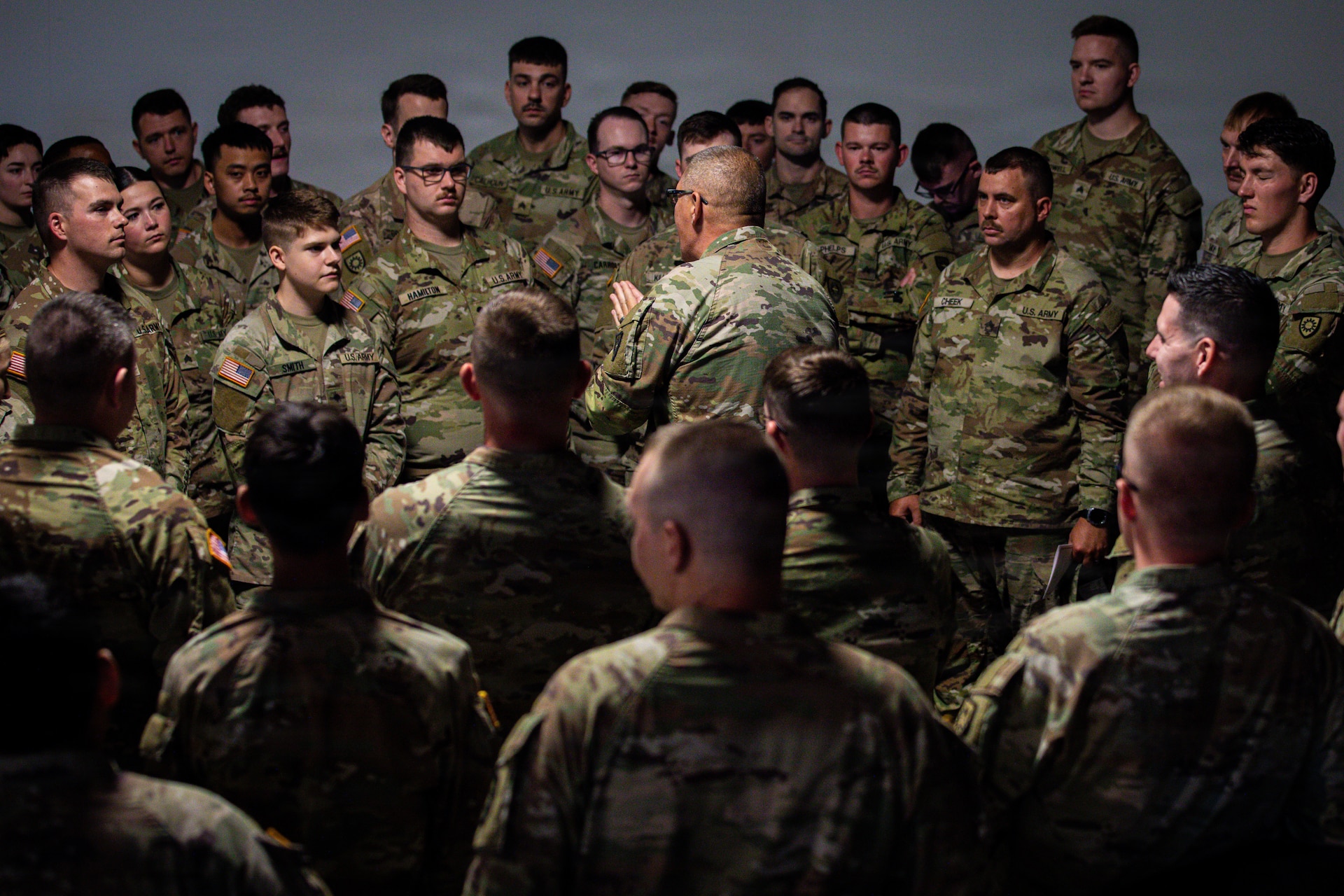 A senior noncommissioned officer speaks to Soldiers of Kentucky's 201st Engineer Battalion, 149th Maneuver Enhancement Brigade, following their departure ceremony at the Boyd County Community Center in Catlettsburg, Kentucky, May 30, 2026.