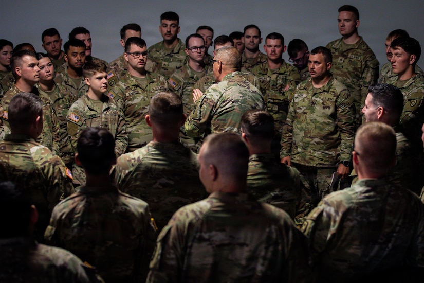 A senior noncommissioned officer speaks to Soldiers of Kentucky's 201st Engineer Battalion, 149th Maneuver Enhancement Brigade, following their departure ceremony at the Boyd County Community Center in Catlettsburg, Kentucky, May 30, 2026.