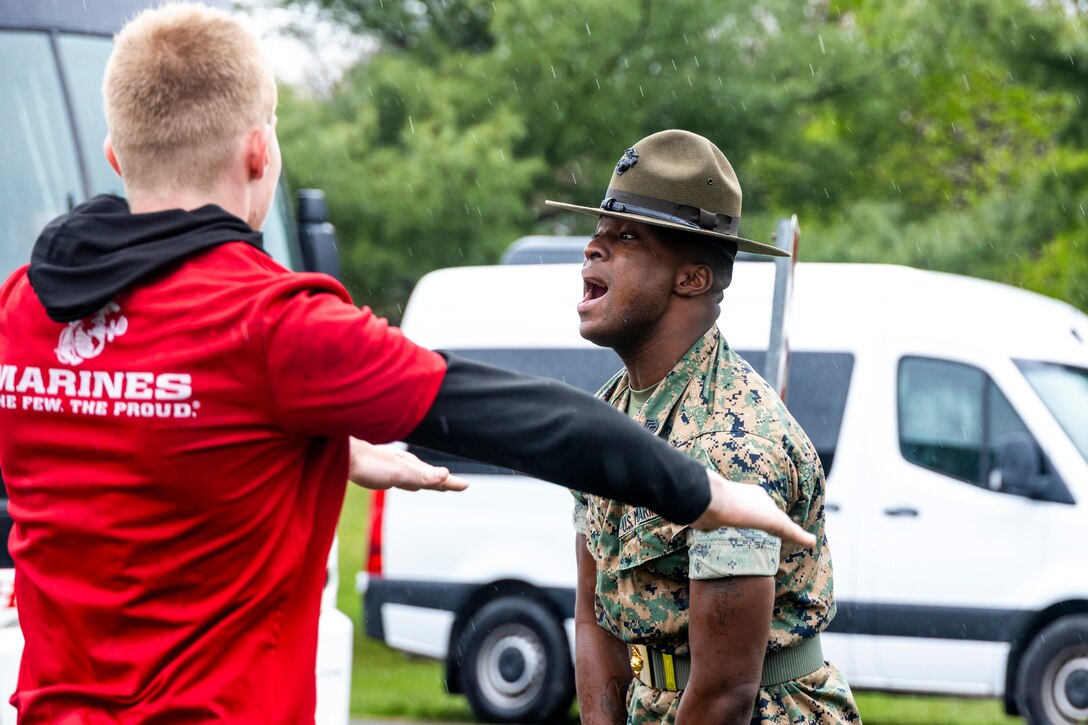 U.S. Marine Corps Staff Sgt. Jahkele A. Goins, drill instructor with MCRD Parris Island, instilling discipline to poolees during RS Albany's Annual Combined Pool Function, May 9, 2026.