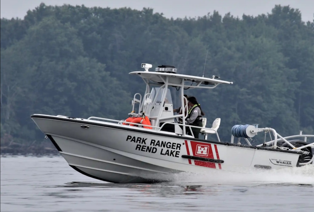 A patrol boat on Rend Lake that reads "Park Rangers, Rend Lake"