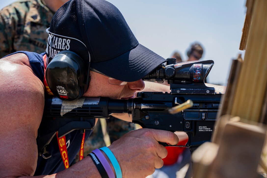 An educator with Recruiting Station Albany fires the M16 service rifle during the U.S. Marine Corps Educators Workshop at MCRD Parris Island, South Carolina, April 23, 2026.