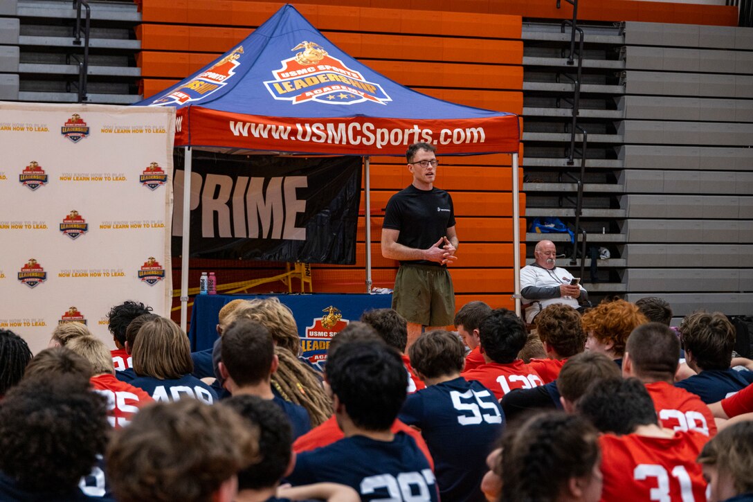 U.S. Marine Corps Staff Sgt. Rayburn, with RSS Syracuse, speaks with wrestlers from every corner of New York about what it means to be a leader, November 15, 2026.