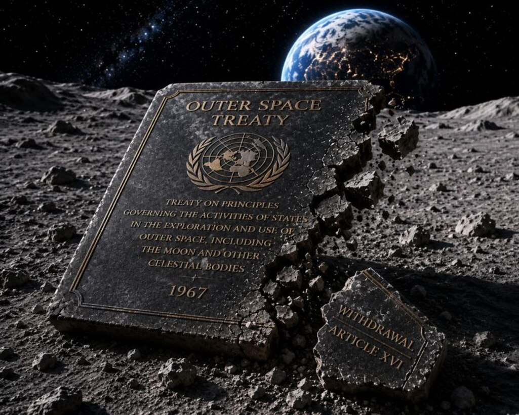 Illustration depicting the potential withdrawal from the 1967 Outer Space Treaty. A fractured stone monument engraved with the treaty's title rests on a lunar surface, while a broken fragment labeled "Withdrawal Article XVI" lies nearby. Earth is visible in the background.