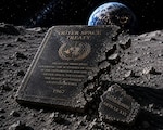 Illustration depicting the potential withdrawal from the 1967 Outer Space Treaty. A fractured stone monument engraved with the treaty's title rests on a lunar surface, while a broken fragment labeled "Withdrawal Article XVI" lies nearby. Earth is visible in the background.