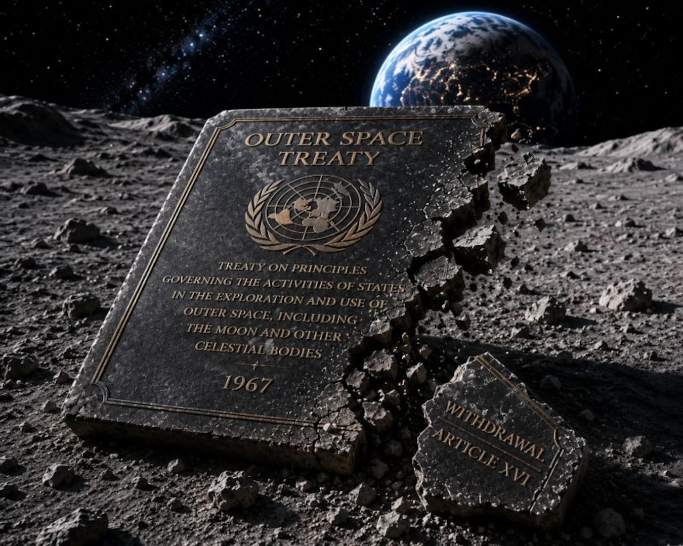 Illustration depicting the potential withdrawal from the 1967 Outer Space Treaty. A fractured stone monument engraved with the treaty's title rests on a lunar surface, while a broken fragment labeled "Withdrawal Article XVI" lies nearby. Earth is visible in the background.