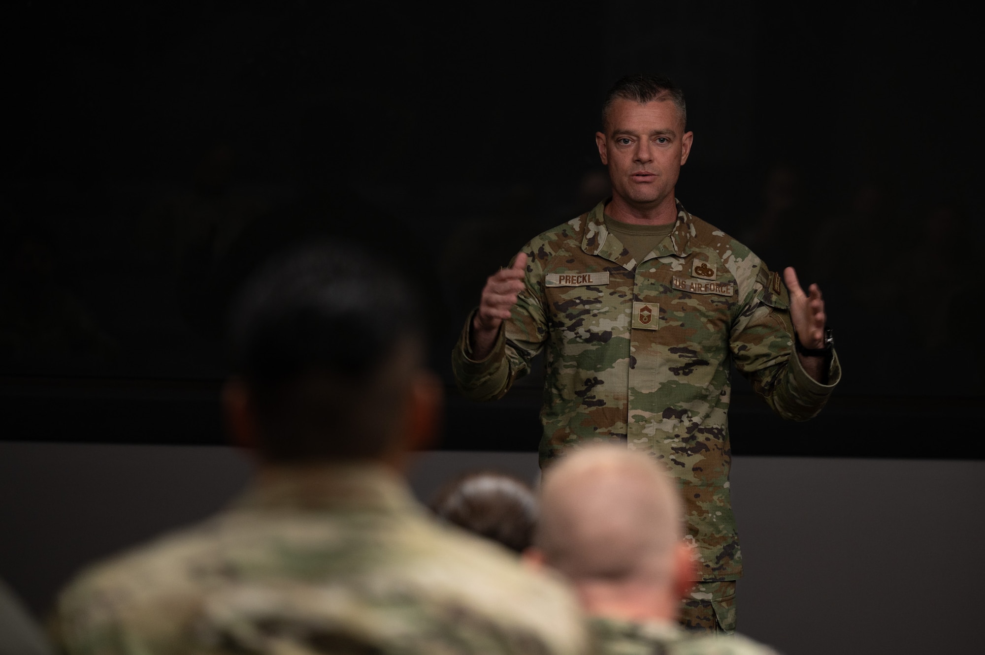 U.S. Air Force Chief Master Sgt. Sean Preckl, 87th Comptroller Squadron and Wing Staff Agencies senior enlisted leader, provides closing remarks to service members attending the Joint Base McGuire-Dix-Lakehurst Leading Edge course at JB MDL, N.J., May 21, 2026. Leading Edge was designed to develop responsive and integrated joint force leaders, preparing them to address the evolving threat landscape. (U.S. Air Force photo by Airman 1st Class Haeleigh Bayle)