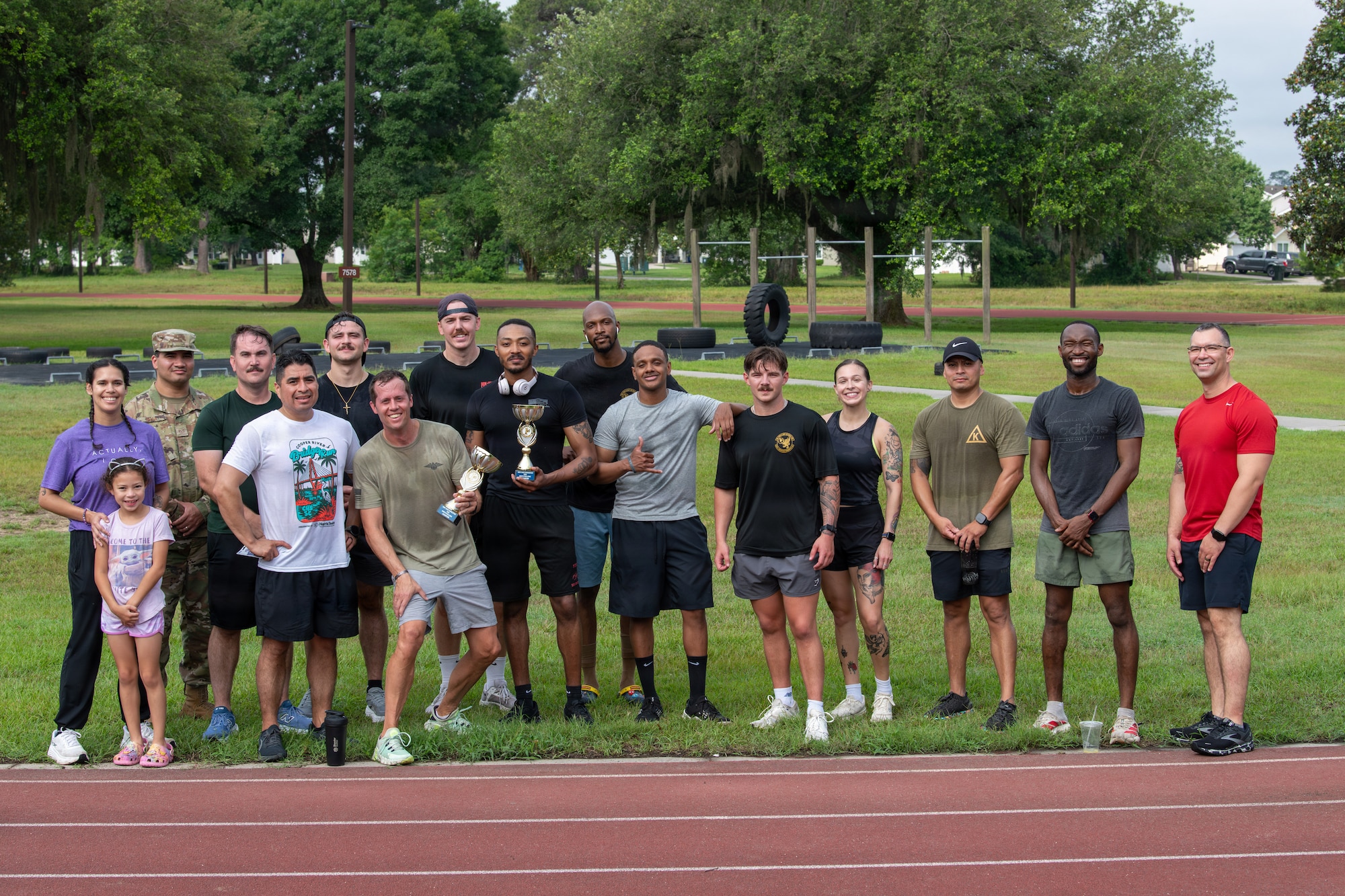 U.S. Airmen pose for a group photo after the Murph Challenge.
