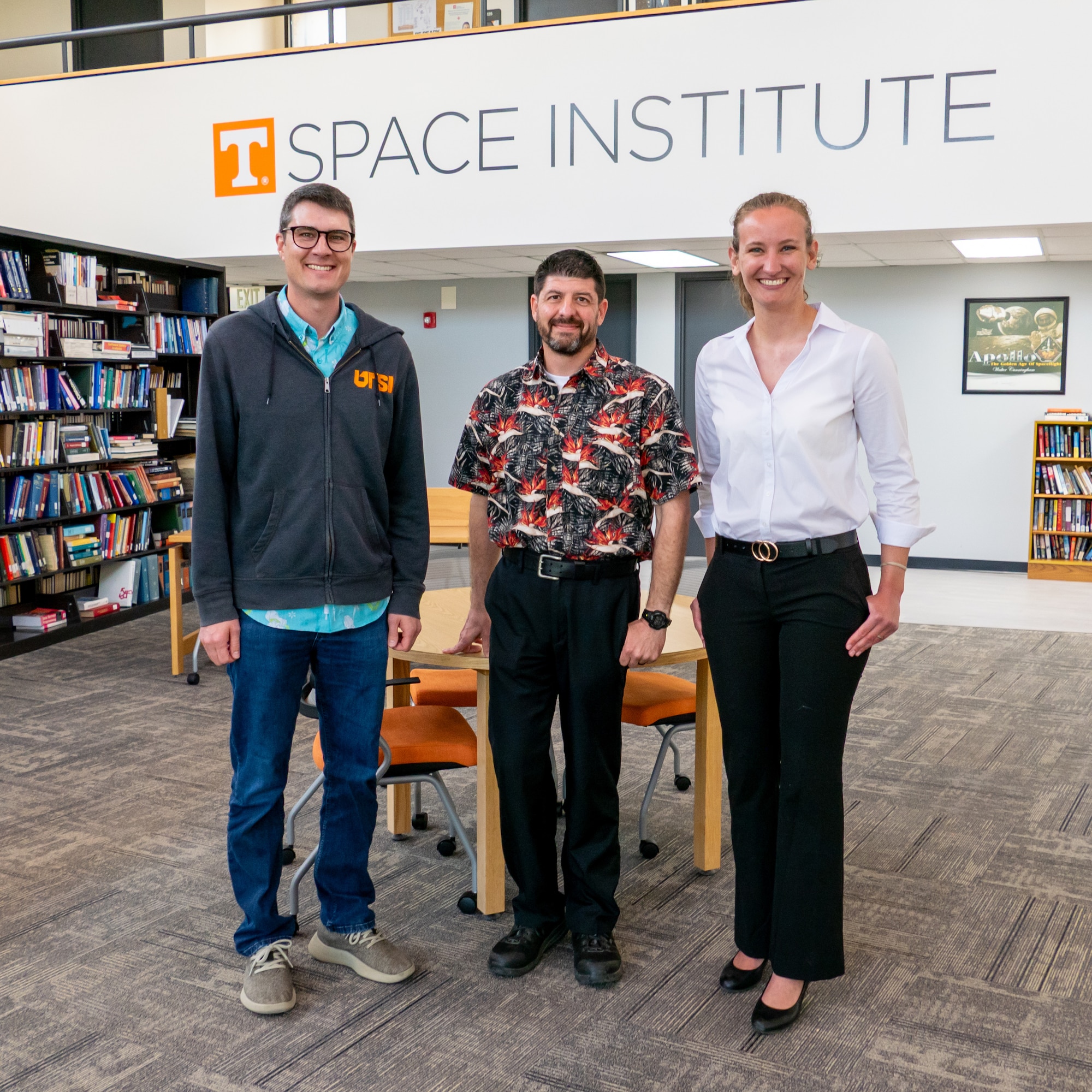 Graduate students at the University of Tennessee Space Institute (UTSI) presented their research during the UTSI 9th Annual Wu Student Presentation Competition, April 17, 2026. Six competitors showcased work in mechanical, aerospace and biomedical engineering. From left is judge Rylan Cox, second place winner Tyler Roy, first place winner Brandon Meadows, judge James Masters and Garbielle Till, who also served as judge. Cox, Masters and Till are all employees at Arnold Air Force Base, Tenn., headquarters of Arnold Engineering Development Complex. (Courtesy Photo from the University of Tennessee Space Institute)