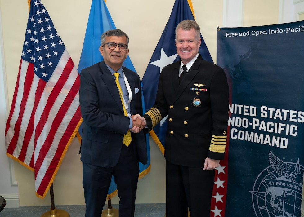 Rajesh Kumar Singh, left, Defence Secretary of India, poses for a photo with Adm. Samuel J. Paparo, commander of U.S. Indo-Pacific Command during a bilateral meeting at the Shangri-La Dialogue 2026 in Singapore, May 29, 2026.