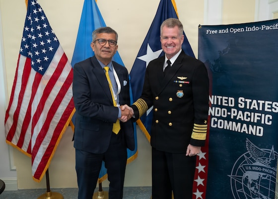 Rajesh Kumar Singh, left, Defence Secretary of India, poses for a photo with Adm. Samuel J. Paparo, commander of U.S. Indo-Pacific Command during a bilateral meeting at the Shangri-La Dialogue 2026 in Singapore, May 29, 2026.