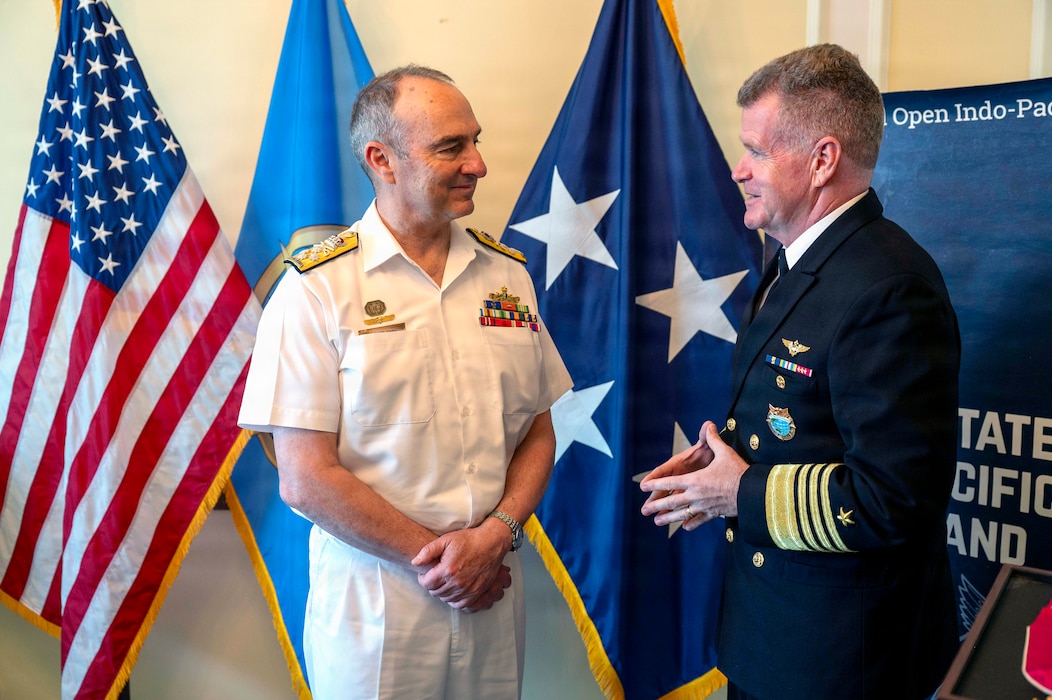 Adm. David Johnston AC RAN, left, Chief of the Defence Force, Australia, speaks with Adm. Samuel J. Paparo, commander of U.S. Indo-Pacific Command during a meeting at the Shangri-La Dialogue 2026 in Singapore, May 29, 2026.