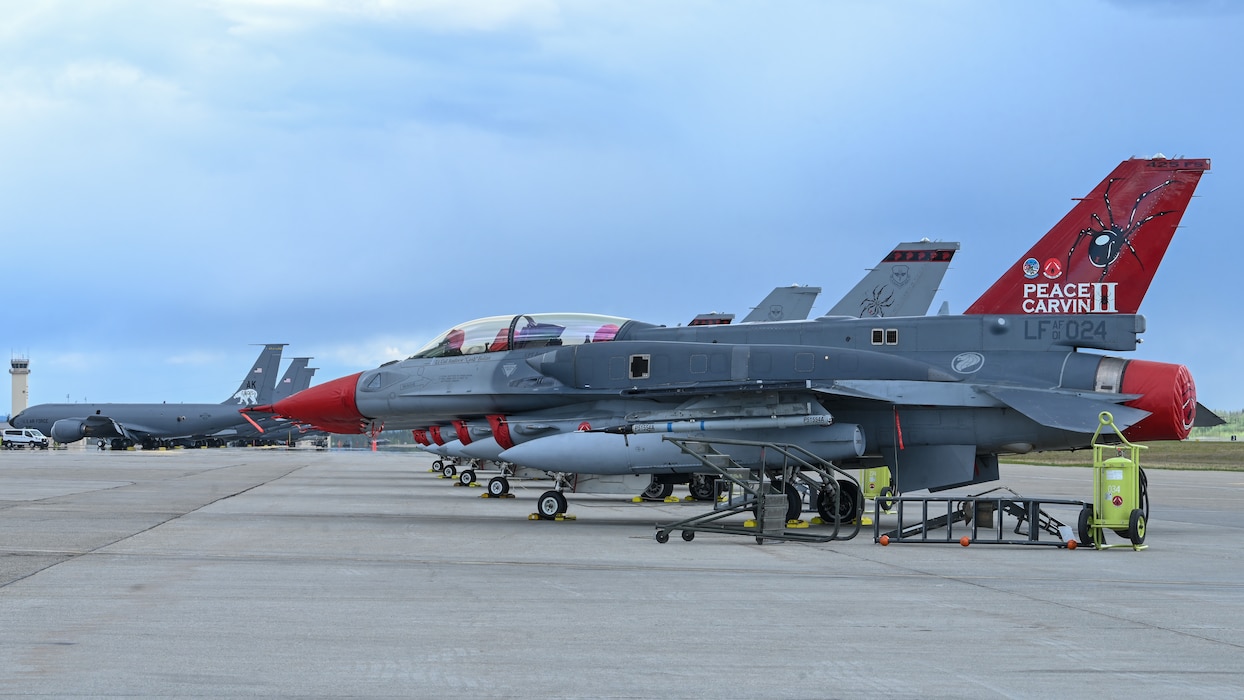 U.S. Air Force F-16 Fighting Falcon, assigned to the 425th Fighter Squadron from Luke Air Force Base, Ariz., sit on the flightline in preparation for RED FLAG Alaska 26-2 at Eielson Air Force Base, Alaska, May 28, 2026.