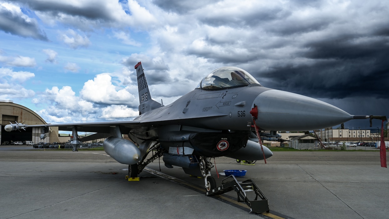 A U.S. Air Force F-16 Fighting Falcon, assigned to the 35th Fighter Squadron from Osan Air Base, Republic of Korea, sits on the flightline in preparation for RED FLAG-Alaska 26-2 at Eielson Air Force Base, Alaska, May 28, 2026.
