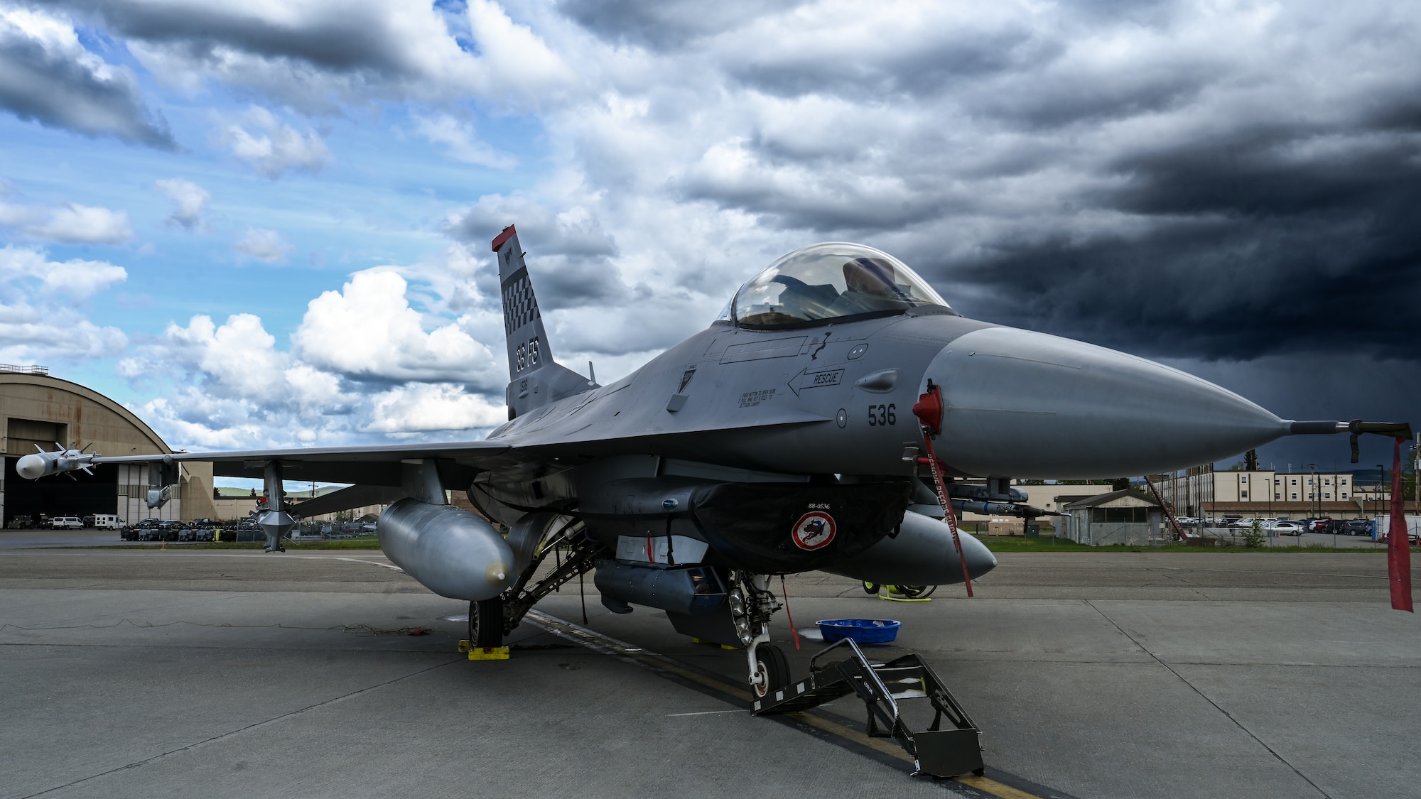 A U.S. Air Force F-16 Fighting Falcon, assigned to the 35th Fighter Squadron from Osan Air Base, Republic of Korea, sits on the flightline in preparation for RED FLAG-Alaska 26-2 at Eielson Air Force Base, Alaska, May 28, 2026.
