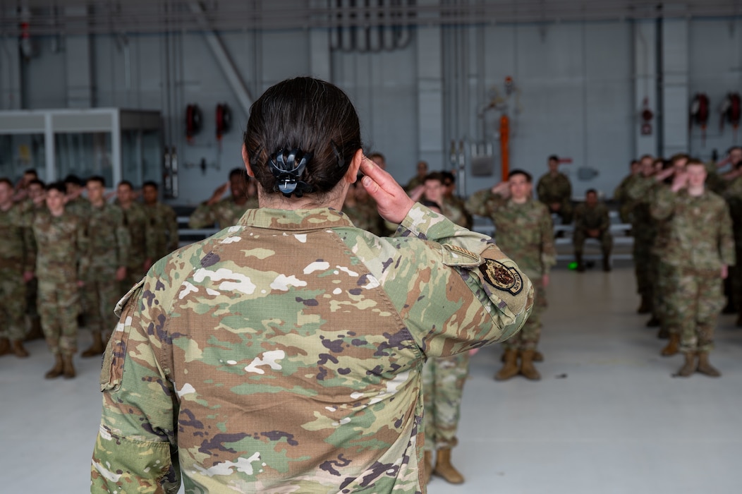 U.S. Air Force Maj. Renee Bohac, 354th Aircraft Maintenance Squadron commander, renders a first salute during the 354th AMXS activation ceremony on Eielson Air Force Base, Alaska, June 1, 2026.