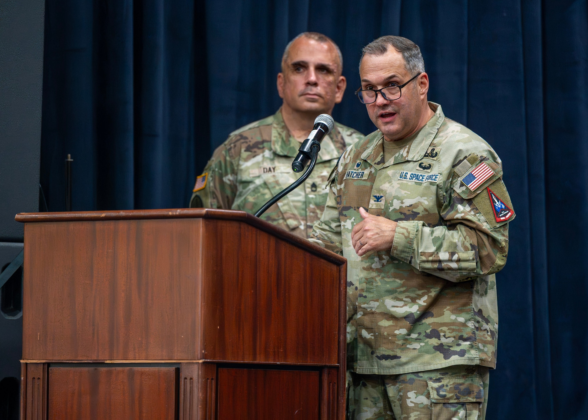 U.S. Space Force Col. Dorian Hatcher, incoming U.S. Space Forces - Korea commander, provides remarks during a change of command ceremony at Osan Air Base, Republic of Korea, June 2, 2026. Prior to taking command, Hatcher served as the Space Launch Delta 30 deputy commander at Vandenberg Space Force Base, Calif. (U.S. Air Force photo by Staff Sgt. Sarah Williams)