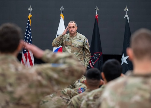 U.S. Space Force Col. Dorian Hatcher, incoming U.S. Space Forces - Korea commander, renders his first salute during a change of command ceremony at Osan Air Base, Republic of Korea, June 2, 2026. Hatcher brings nearly three decades of military experience spanning joint operations, logistics, explosive ordnance disposal and space operations. (U.S. Air Force photo by Staff Sgt. Sarah Williams)