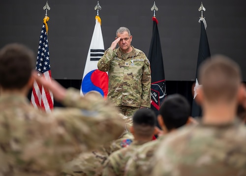 U.S. Space Force Col. John Patrick, outgoing U.S. Space Forces - Korea commander, renders his final salute during a change of command ceremony at Osan Air Base, Republic of Korea, June 2, 2026. Patrick oversaw a period of significant growth for USSF-K, expanding the organization from fewer than 10 personnel to more than 70. (U.S. Air Force photo by Staff Sgt. Sarah Williams)