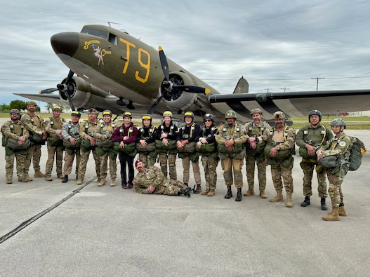 Jon Harmon (front) and members of the Liberty Jump Team pose in front of the C-49J Southern Cross in Corsicana, Texas, in April 2026. The team completed a basic and airborne refresher course to prepare for commemorative parachute jumps into Normandy, France, marking the 82nd anniversary of D-Day. (Contributed photo)