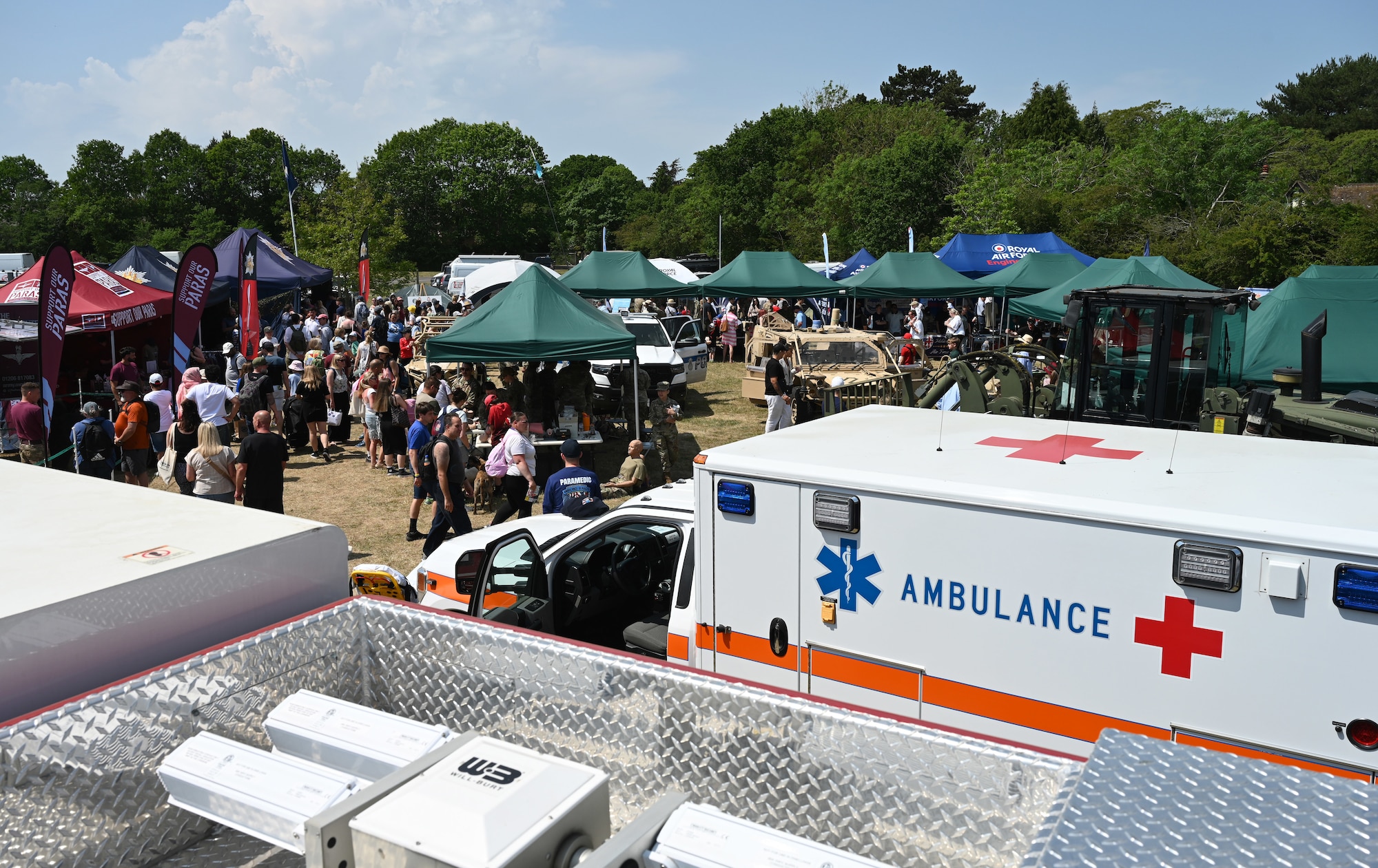 An American fire truck, ambulance, and other military vehicles from RAF Mildenhall and RAF Lakenheath are on display at the Suffolk Show in Ipswich, England, May 27, 2026.  Airmen from RAF Mildenhall and RAF Lakenheath spent two days at the Suffolk Show showcasing their equipment and capabilities, and were joined by British military and cadet forces in the “Military Zone” area of the event. (U.S. Air Force photo by Karen Abeyasekere)