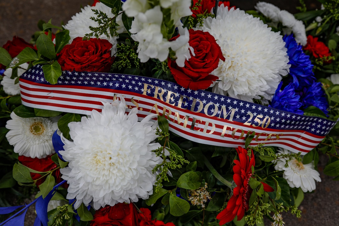 The 82nd Airborne Division commemorative wreath is pictured at the Three Cemeteries Monument, Sainte-Mère-Église, France, June 2, 2026. The Three Cemeteries Monument honors the 14,000 U.S. troops, particularly from the 82nd Airborne Division, who fell during the battle to liberate Normandy, France. (U.S. Army photo by Staff Sgt. Catessa Palone)