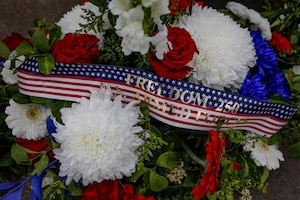 The 82nd Airborne Division commemorative wreath is pictured at the Three Cemeteries Monument, Sainte-Mère-Église, France, June 2, 2026. The Three Cemeteries Monument honors the 14,000 U.S. troops, particularly from the 82nd Airborne Division, who fell during the battle to liberate Normandy, France. (U.S. Army photo by Staff Sgt. Catessa Palone)