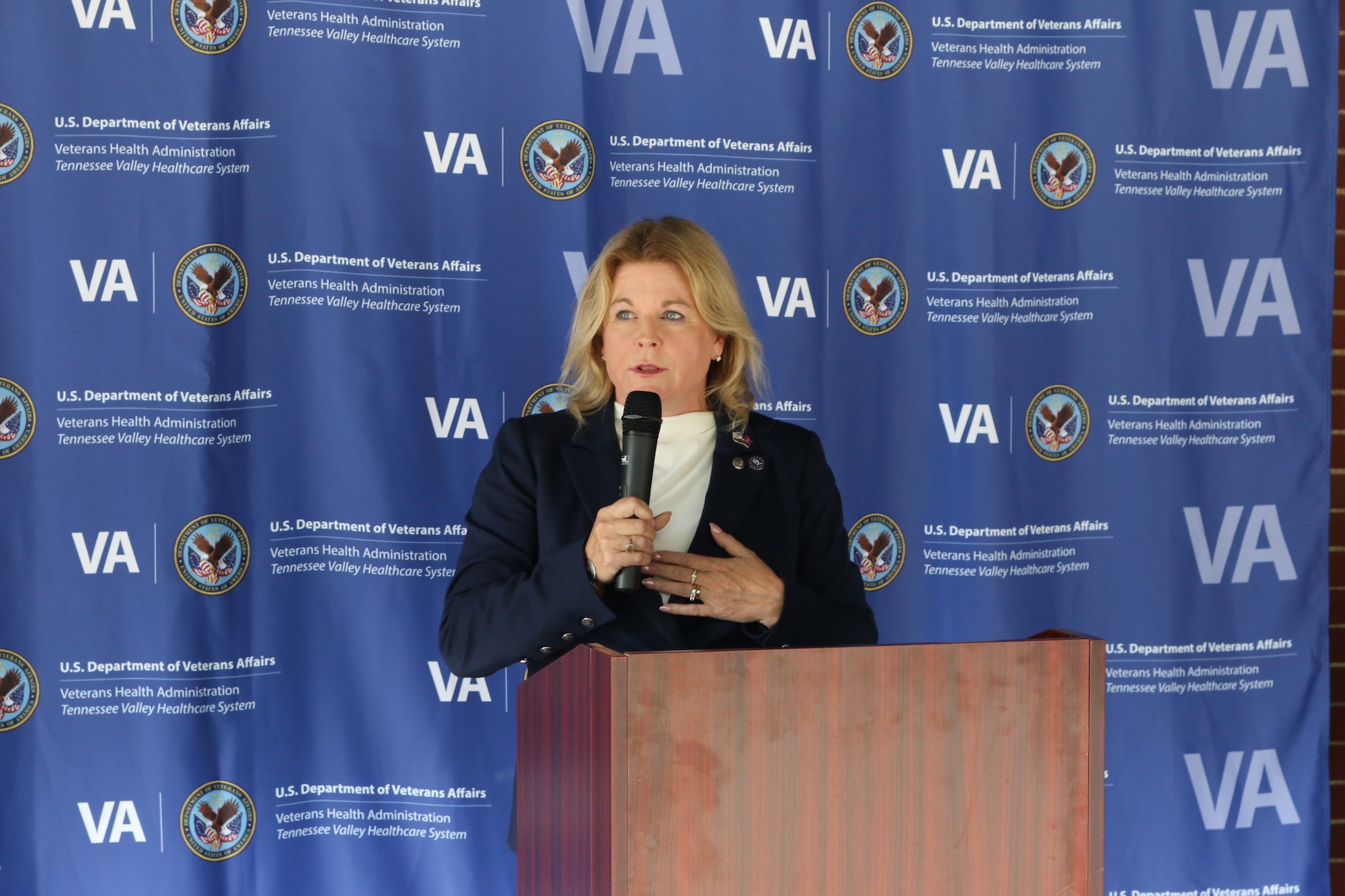Dr. Bridget Brozyna, Interim Deputy Executive Director of VA Tennessee Valley Healthcare System, speaks during a May 29, 2026, ceremony to mark the expansion of the Tullahoma VA Clinic at Arnold Air Force Base, Tenn. Prior to the expansion, the clinic served approximately 1,200 veterans. With the expansion, VA Tennessee Valley Healthcare System officials anticipate the clinic can serve an additional 1,800 eligible patients, including active duty Airmen. (U.S. Air Force photo by Brad Hicks)