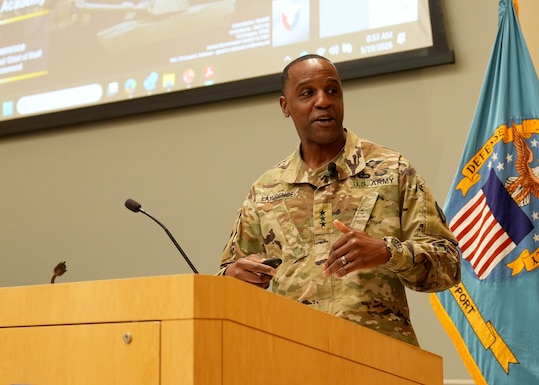 Army Materiel Command Deputy Commander Lt. Gen. Gavin Lawrence returned to his former command to serve as the keynote speaker for the Defense Logistics Agency Troop Support Academy and receive a comprehensive operational briefing from current DLA Troop Support Commander Brig. Gen. Sean Kelly.