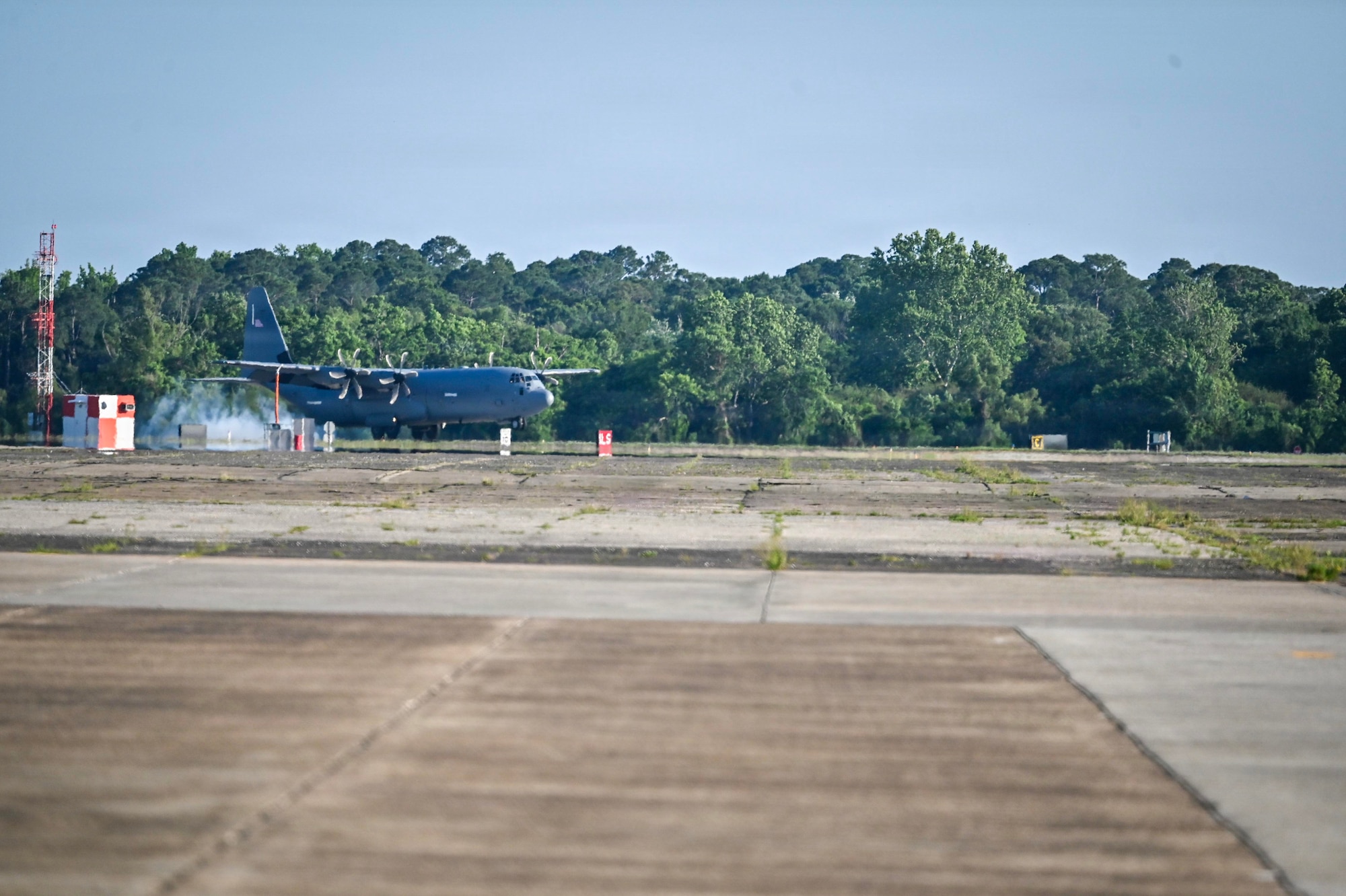A C-130J Super Hercules assigned to the 39th Airlift Squadron from Dyess Air Force Base, Texas, lands on May 13, 2026, during STORM FLAG 26-07 in Gulfport, Mississippi. The 39th AS integrated with the 19th Air Expeditionary Wing as its mission generation force element executing combat airlift operations. (U.S. Air Force photo by Master Sgt. Ceaira Tinsley)