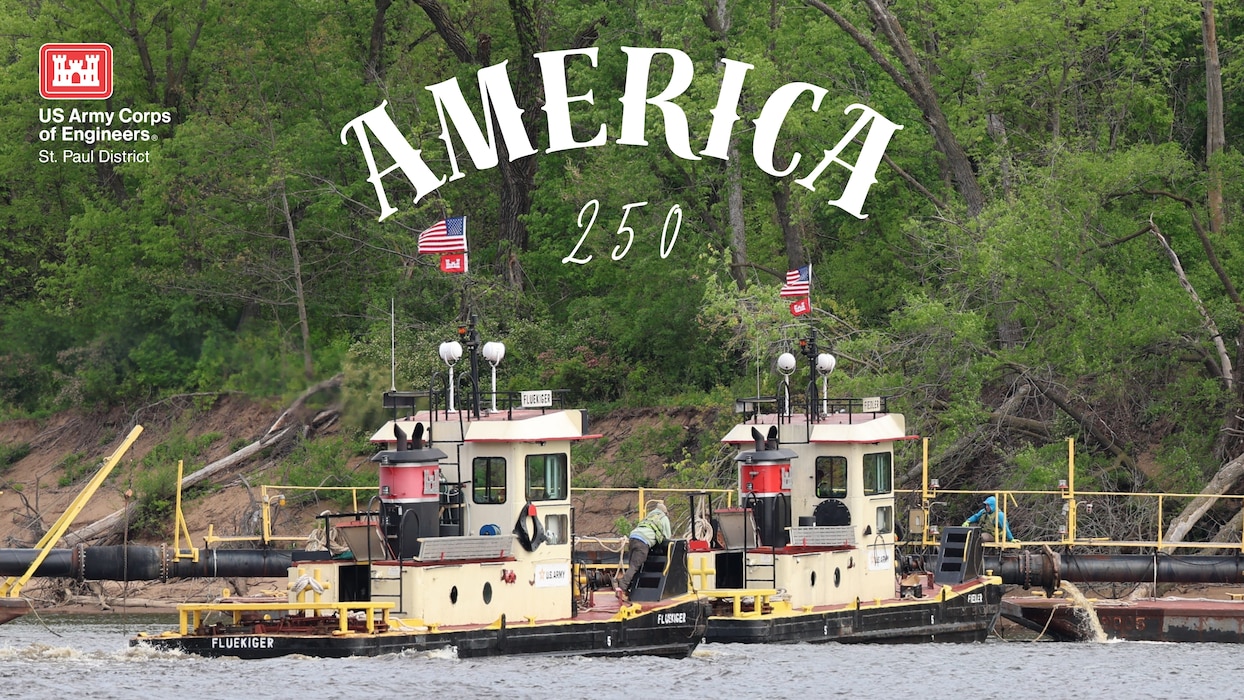 A photo of two boats with American flags and USACE flags with the text "America 250" and the USACE St. Paul District logo
