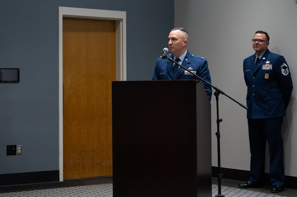 U.S. Air Force Maj. Andrew Onderick, 17th Comptroller Squadron commander, addresses the audience during a change of command ceremony at Goodfellow Air Force Base, Texas, June 2, 2026. Onderick expressed his excitement to join the 17th Training Wing and be at the forefront of everything 17th CPTS and 17th Wing Staff Agencies. (U.S. Air Force photo by Senior Airman Brian Lummus)