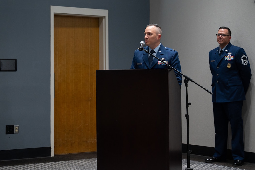 U.S. Air Force Maj. Andrew Onderick, 17th Comptroller Squadron commander, addresses the audience during a change of command ceremony at Goodfellow Air Force Base, Texas, June 2, 2026. Onderick expressed his excitement to join the 17th Training Wing and be at the forefront of everything 17th CPTS and 17th Wing Staff Agencies. (U.S. Air Force photo by Senior Airman Brian Lummus)