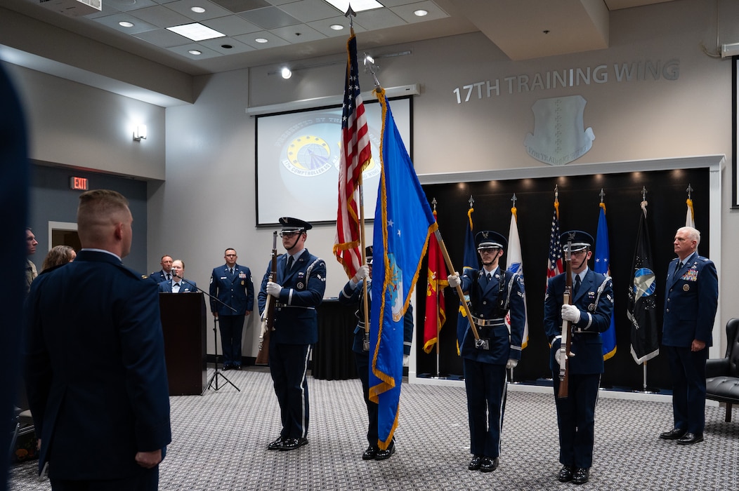 Goodfellow Base Honor Guard present the colors during a change of command ceremony at Goodfellow Air Force Base, Texas, June 2, 2026. The Honor Guard team is charged with upholding exemplary standards of ethical conduct, professionalism, integrity, customs and courtesies, overall appearance and the representation of all Airmen who ever served. (U.S. Air Force photo by Senior Airman Brian Lummus)