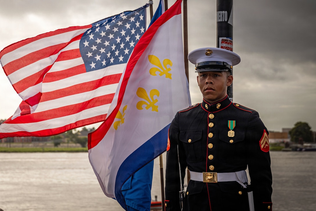 U.S. Marine Corps Cpl. Pierre Hall, assistant drill master with the Silent Drill Platoon, Marine Barracks Washington, stands at attention at a blessing of the fleet ceremony during Sail 250 New Orleans, June 1, 2026. More than 2,000 Sailors, Marines, Coast Guardsmen and international partners engage with the people of New Orleans during the inaugural Sail 250 event, showcasing the professionalism, maritime heritage and warfighting readiness of America’s sea services while celebrating 250 years of Navy and Marine Corps service as part of the nation's Freedom 250 commemoration. (U.S. Marine Corps photo by Lance Cpl. Edward Spears)