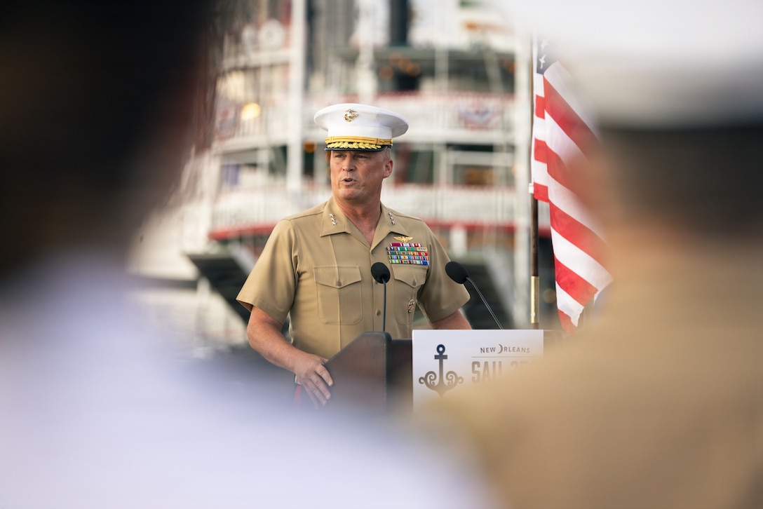 U.S. Marine Corps Lt. Gen. Leonard F. Anderson IV, commander, Marine Forces Reserve and Marine Forces South, gives opening remarks during a blessing of the fleet ceremony during Sail 250 New Orleans, June 1, 2026. More than 2,000 Sailors, Marines, Coast Guardsmen and international partners engage with the people of New Orleans during the inaugural Sail 250 event, showcasing the professionalism, maritime heritage and warfighting readiness of America’s sea services while celebrating 250 years of Navy and Marine Corps service as part of the nation's Freedom 250 commemoration. (U.S. Marine Corps photo by Cpl. Van Hoang)