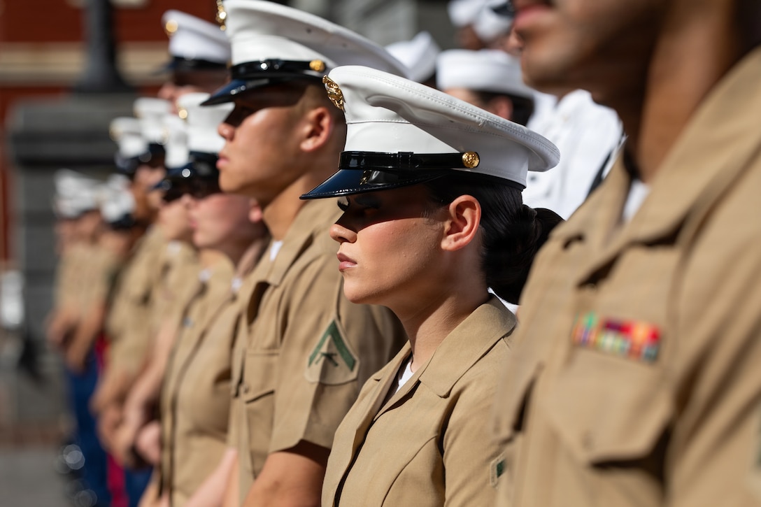 U.S. Service members stand at ease at the mayoral reception at Gallier Hall during Sail 250 New Orleans May 29, 2026. More than 2,000 Sailors, Marines, Coast Guardsmen and international partners engage with the people of New Orleans during the inaugural Sail 250 event, showcasing the professionalism, maritime heritage and warfighting readiness of America’s sea services while celebrating 250 years of Navy and Marine Corps service as part of the nation's Freedom 250 commemoration. (U.S. Marine Corps photo by Cpl. Van Hoang)