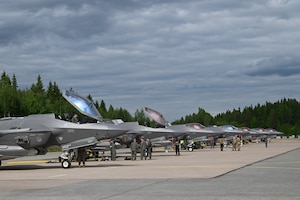 U.S. Air Force F-35A Lightning II aircraft assigned to the 48th Fighter Wing, RAF Lakenheath, England, sit parked on the flightline after arriving at Pirkkala, Finland, ahead of Ramstein Flag 2026. RAFL26 is a large-scale, multi-domain NATO Allied Air Command exercise featuring more than 200 aircraft from 18 nations, designed to enhance interoperability and provide challenging combat scenarios in a complex operational environment.