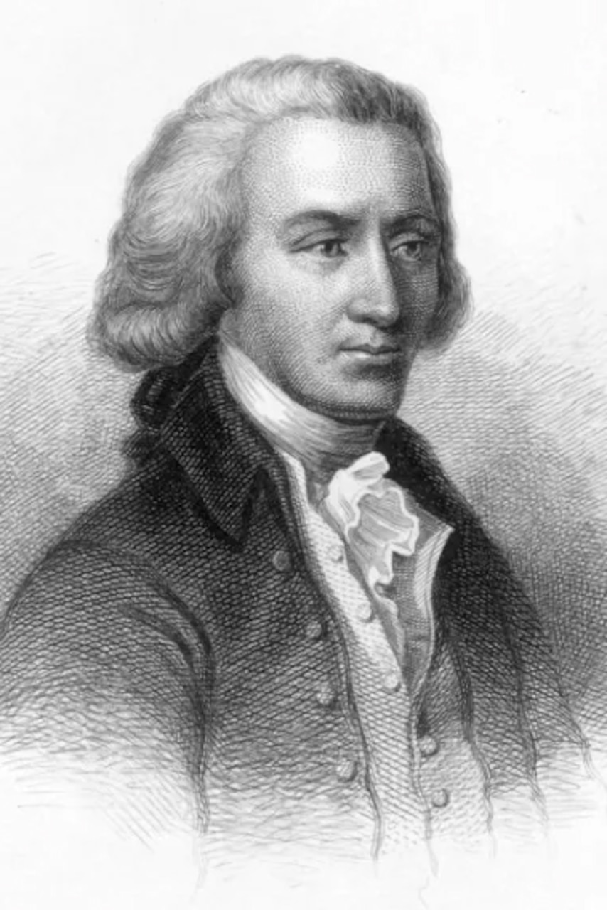 A black and white illustration of a man in colonial attire.