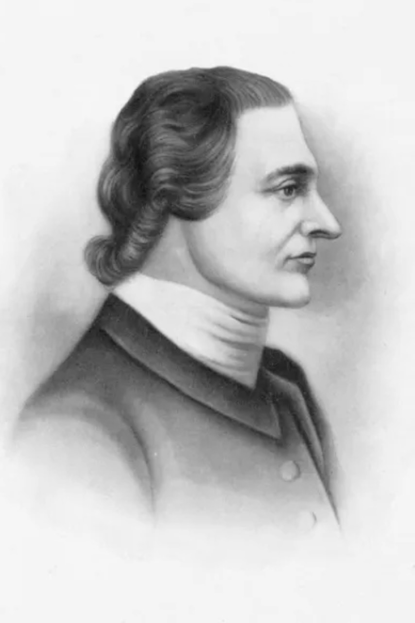A black and white illustration of a man in colonial attire.